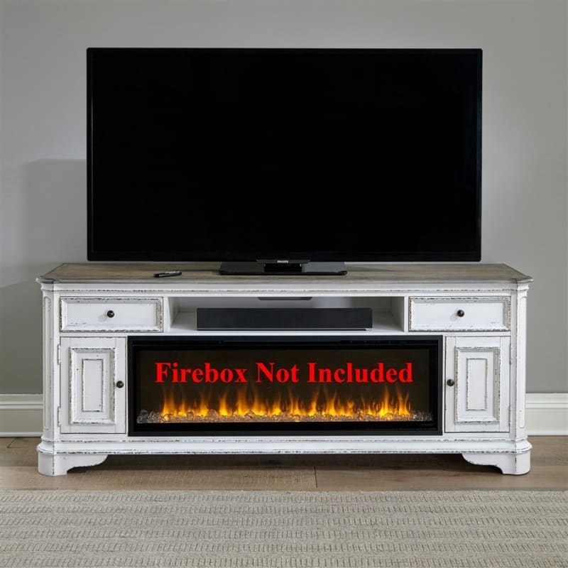 Magnolia Manor 82 Inch Fireplace TV Console in Two-Tone Antique White and Weathered Brown Finish by Liberty Furniture - LIB-FIRE-244-TV82F