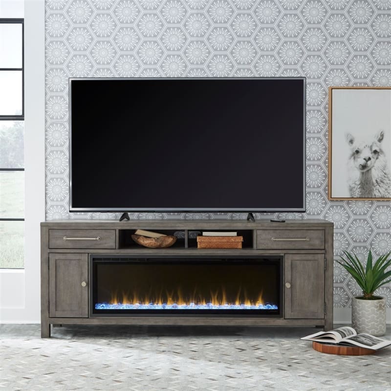 Modern Farmhouse 78 Inch TV Console with Fire in Dusty Charcoal Finish by Liberty Furniture - LIB-FIRE-BOX-406-78