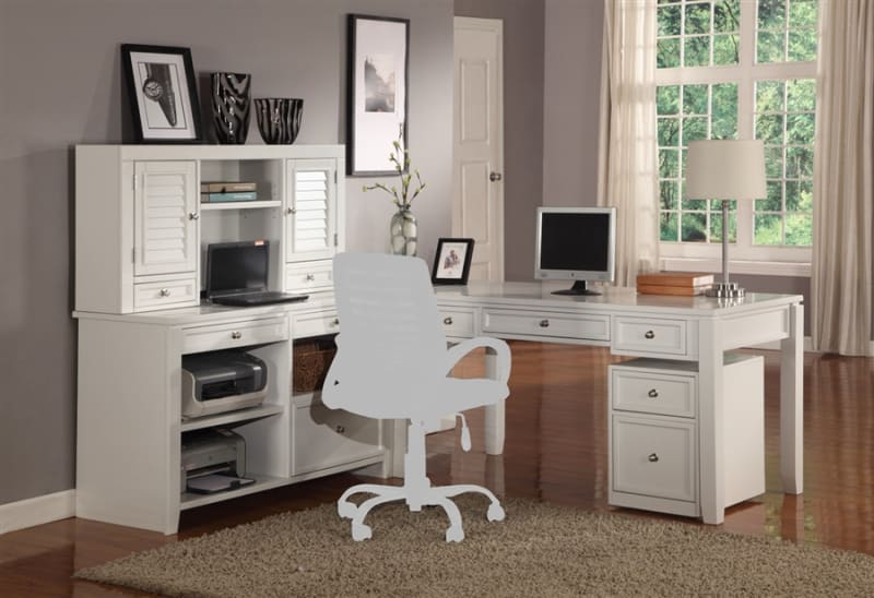 Boca L Shape Desk with File Credenza and Hutch in Cottage White Finish by Parker House - PH-BOC-5PC-LDESK-F-CDZ-HTCH