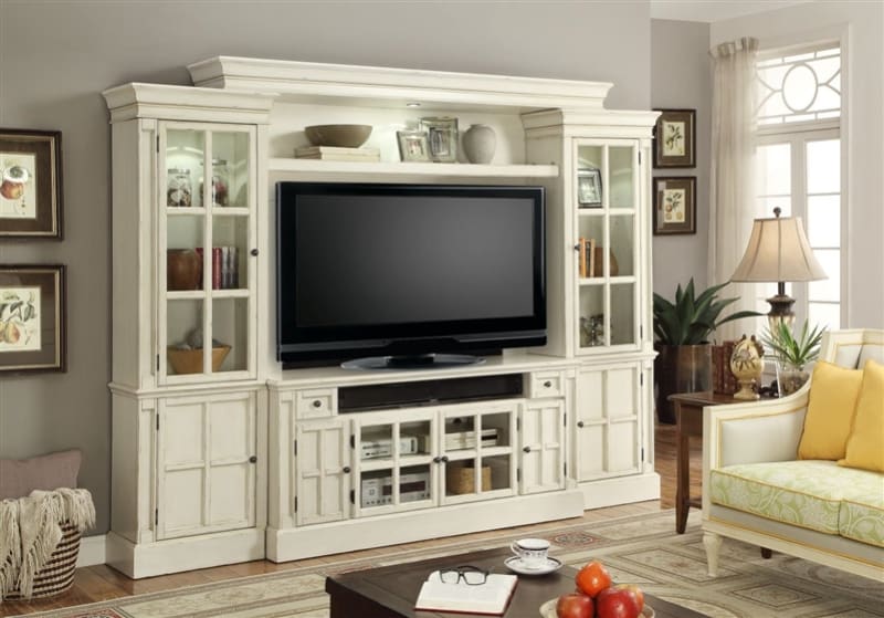 Charlotte 4 Piece 62 Inch Entertainment Wall in Antique Vintage White Finish by Parker House - CHA-162-4 Charlotte 4 Piece 62 Inch Entertainment Wall in Antique Vintage White Finish by Parker House - CHA-162-4