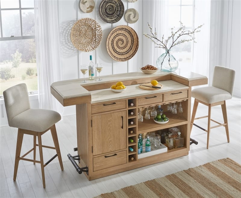 Escape 3 Piece Dining Bar Set with Stone Top in Glazed Natural Oak Black Metal Trim Finish by Parker House - PH-DESC-3PC-78BAR-2530S