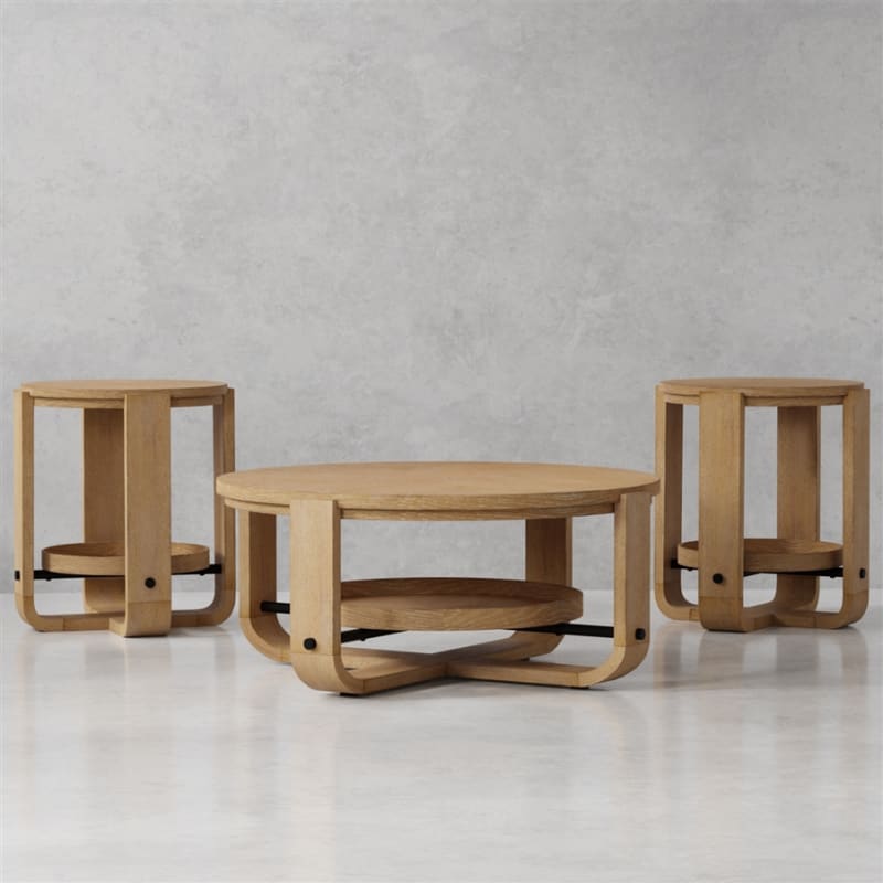 Escape 3 Piece Round Occasional Table Set in Glazed Natural Oak Black Metal Trim Finish by Parker House - PH-ESC-3PC-01-02