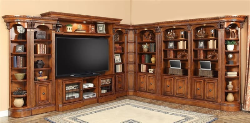 Huntington 10 Piece Entertainment Library Wall in Antique Vintage Pecan Finish by Parker House - HUN-400-10