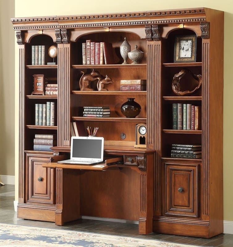 Huntington 4 Piece Small Library Wall with Desk in Antique Vintage Pecan Finish by Parker House - HUN-460-2-4
