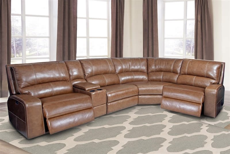 Swift 5 Piece Power Reclining Sectional with Power Headrest and USB Ports in Bourbon Leather by Parker House - MSWI-05