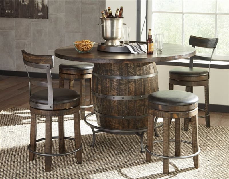 tobacco brown dining table Homestead Round Wine Barrel Base Pub Table