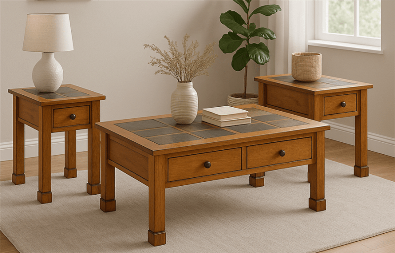 Sedona 3 Piece Occasional Table Set with Slate Top in Rustic Oak Finish by Sunny Designs - SD-3143RO2-C-3143RO2-CS
