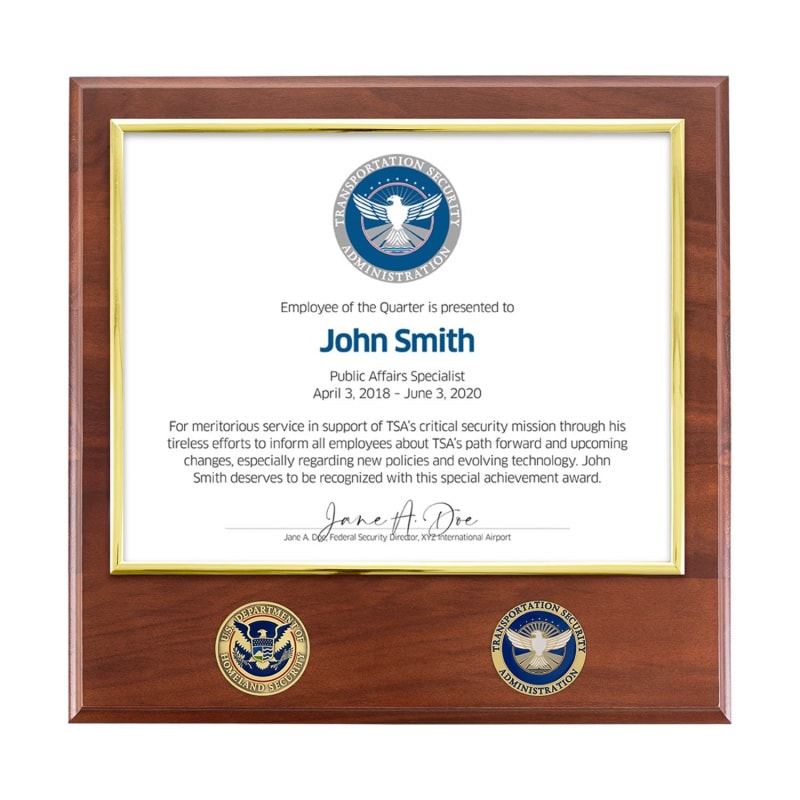 Certificate Plaque w/ 2 Coins (TSA)