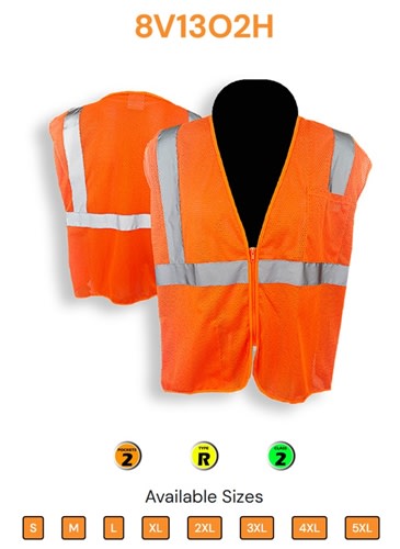 C2V Safety Vest, Orange, Class 2, Mesh, Zipper, 8V13O2H