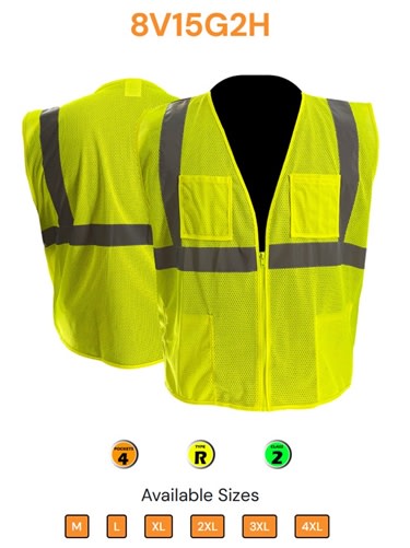 C2V Safety Vest, Lime, Class 2, 4-Pockets, 8V15G2H