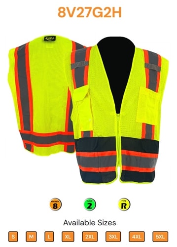 C2V Surveyor's Safety Vest, Lime/Black, Class 2, 8V27G2H