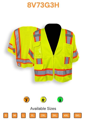 C2V Safety Vest, Lime, 2-Tone, Class 3, 8V73G3H