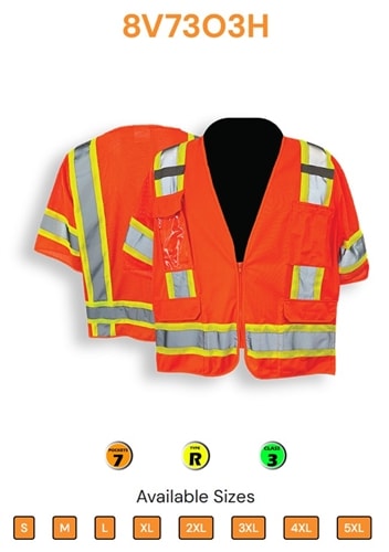 C2V Safety Vest, Orange, 2-Tone, Class 3, 8V73O3H
