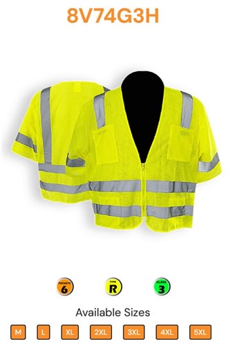 C2V Safety Vest, Lime, Mesh, Class 3, 8V74G3H