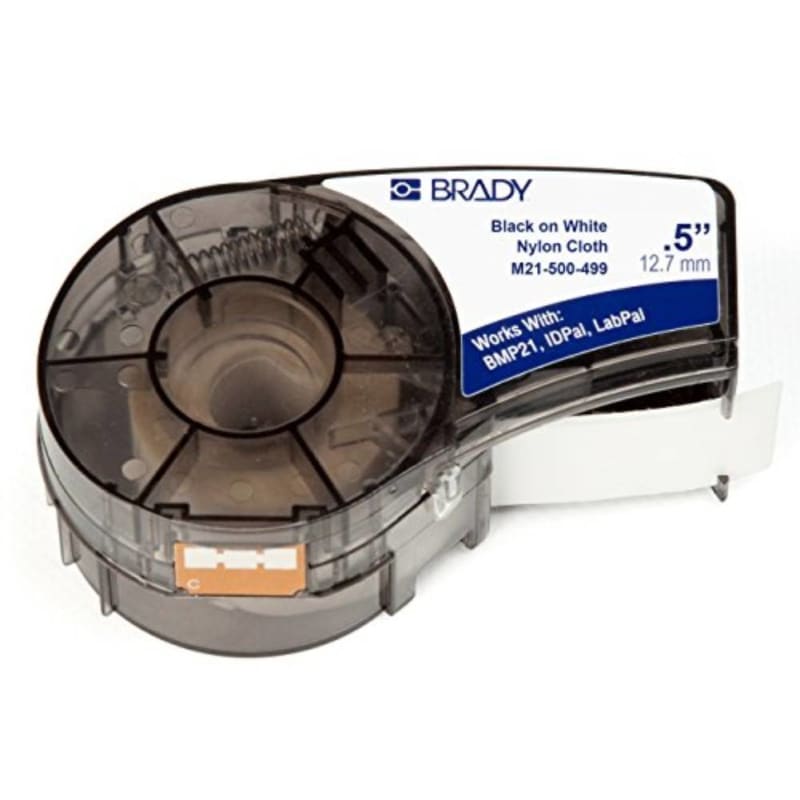 brady high adhesion cloth label tape m21500499  black on white nylon  compatible with bmp21plus, id pal, and labpal printers  16' length, 0.5" width