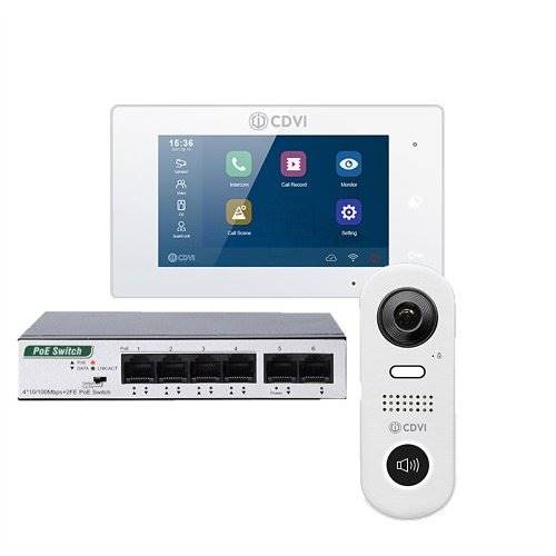 CDVI IP-KIT Intercom IP Kit, (1) IP-SDS Single Door Station, (1) IP-MON 7" TFT White Monitor, (1) IP-POE4 4-Port PoE+ Switch CDVI IP-KIT Intercom IP Kit, (1) IP-SDS Single Door Station, (1) IP-MON 7" TFT White Monitor, (1) IP-POE4 4-Port PoE+ Switch