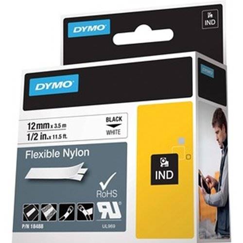 DYMO 18488 Rhino Flexible Nylon Label Tape, 1/2" x 11.5', Black Print on White