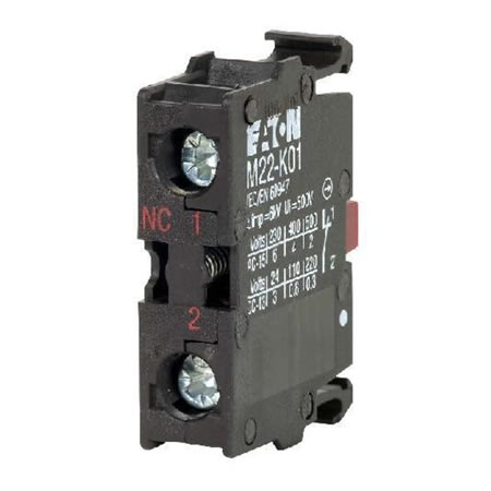 M22-K01 Contact Block, Plastic, Screw Clamp, 1NC Contact, 22.5mm M22-K01 Contact Block, Plastic, Screw Clamp, 1NC Contact, 22.5mm