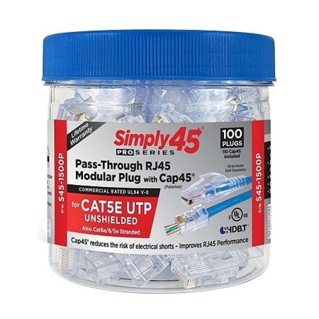 Simply45 S45-1500P ProSeries CAT5e UTP Unshielded Pass-Through RJ45 Modular Plugs with Cap45, 100-Piece Jar, Blue Tint