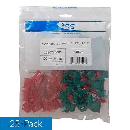ICC CAT6 RJ45 Keystone Jack for EZ???? Style, Green, 25-Pack