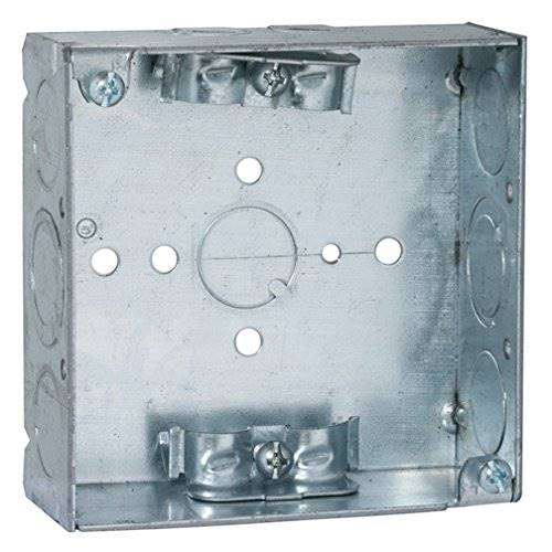 Hubbell-Raco 211 4" Square Box, Welded, Metallic, 1-1/2" Deep, NM Cable Clamps Hubbell-Raco 211 4" Square Box, Welded, Metallic, 1-1/2" Deep, NM Cable Clamps