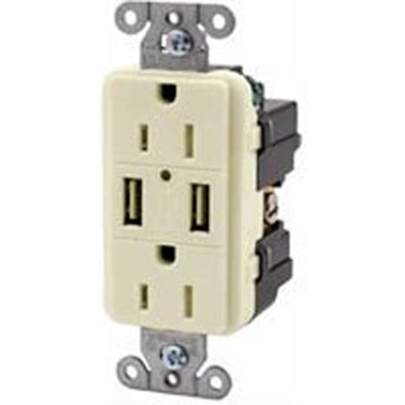Hubbell USB15X2I USB Duplex Receptacle / Charger; 15 Amp, 125 Volt, Ivory