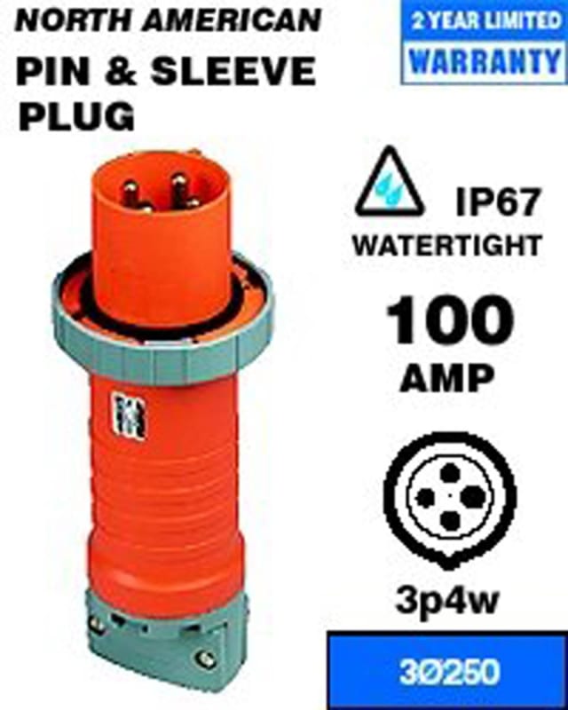 Leviton 4100P9W Pin & Sleeve Plug 100 Amp 250 Volt 3-Phase 3P 4W NA-Rated - Blue