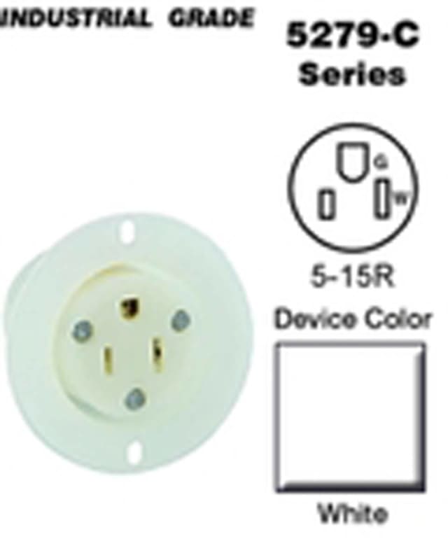 Leviton 5279-C 15 Amp Flanged Outlet 125V, 5-15P, Nylon, White Leviton 5279-C 15 Amp Flanged Outlet 125V, 5-15P, Nylon, White