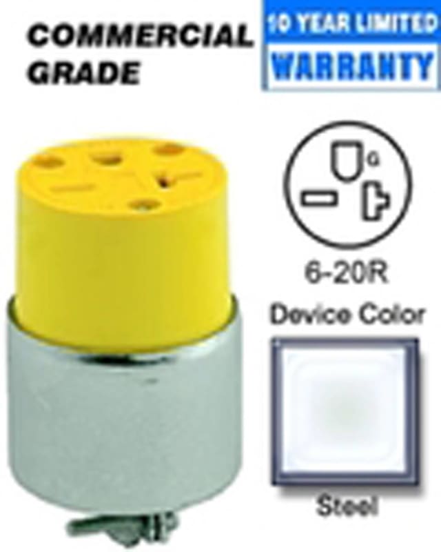 Leviton 620CA 20 Amp Armored Connector, 250V, 6-20R, Yellow