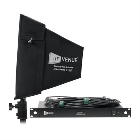 Audio-Technica DFINDISTRO4 RF Venue Premium Bundle with Diversity Fin Antenna with Padded Cover and Threaded Mounting Block, 4-Channel Antenna Distribution System, and 2x 25' RG8X Coaxial Cable