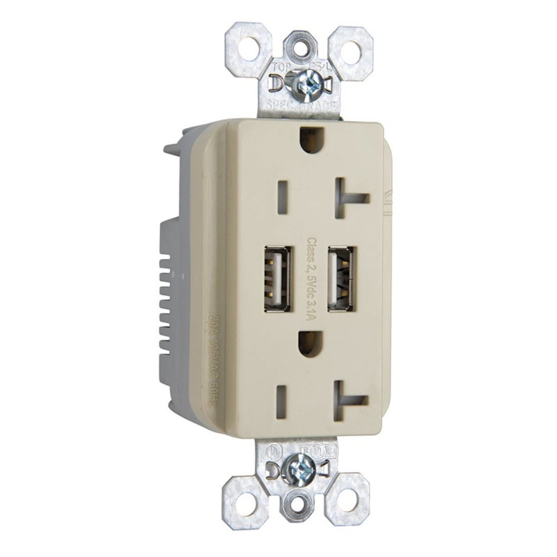 Pass & Seymour TR-5362USBI 20 Amp 125 VAC NEMA 5-20R Ivory Decorator Duplex USB Charger Receptacle Pass & Seymour TR-5362USBI 20 Amp 125 VAC NEMA 5-20R Ivory Decorator Duplex USB Charger Receptacle