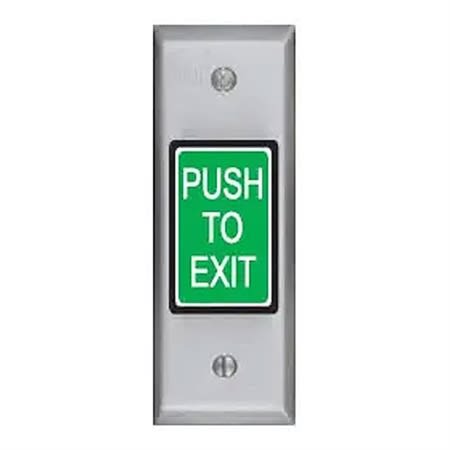 SDC 413NU 410 Series Narrow Push to Exit Button Switch, Electronic Timer, Adjustable (1-60 seconds), DPDT, Green/Red Button, Dull Stainless