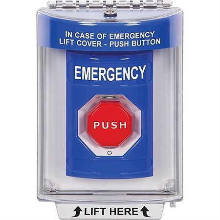 STI SS2449EM-EN Stopper Station with Universal Cover and Horn, Indoor / Outdoor, Flush Mount, Turn-to-Reset Illuminated, 'EMERGENCY' English Label, Blue