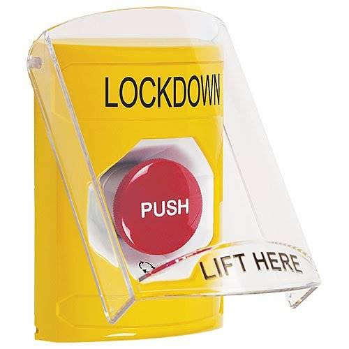 STI SS2221LD-EN Stopper Station Push Button with Stopper Station Shield, LOCKDOWN Label, Turn-to-Reset Button, Yellow
