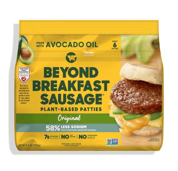 Vegan Beyond Meat Breakfast Sausage Patties sizzling in a skillet, showcasing their golden-brown color and perfect texture, ready to serve with breakfast sides.