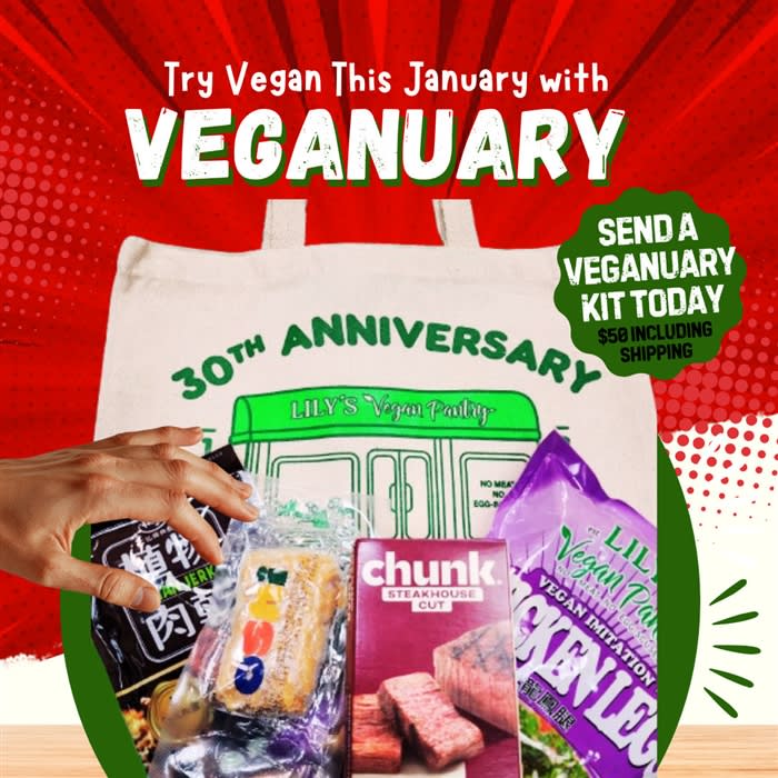 Send a Friend Veganuary Kit from Lilyâ€™s Vegan Pantry featuring vegan steak, vegan salmon, truffle jerky, gluten-free vegan chicken legs, and 30th anniversary tote bag.