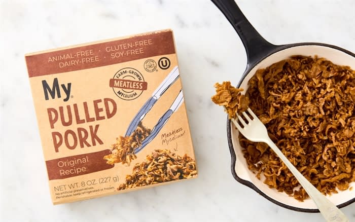 My Pulled Pork plant based pulled pork cooked in a skillet