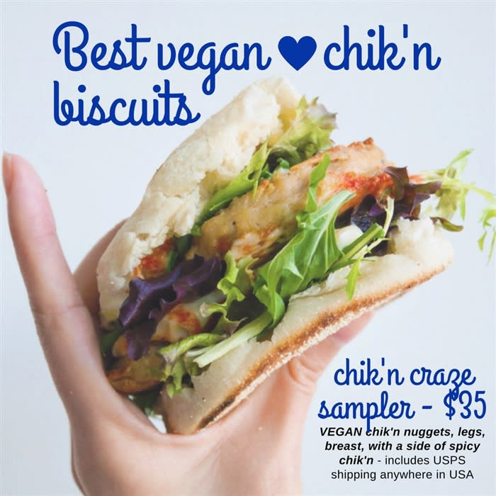 Vegan Chi'kn Craze Sampler featuring vegan chicken breast, chicken nuggets, chicken legs, and spicy gong bao chicken just reheat and serve hot.