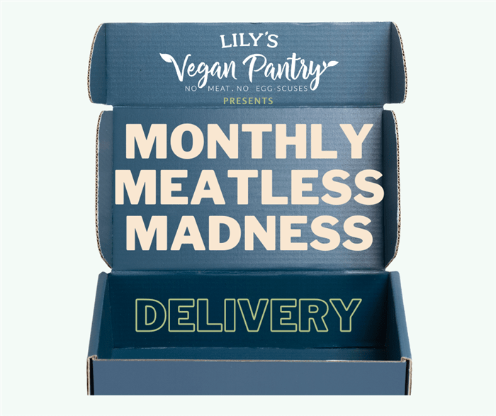 Meatless Madness monthly box featuring vegan half chicken, chicken legs, citrus spare ribs, ginger chicken, golden fish fillet, teriyaki beef, and coal roasted sausage from Lilyâ€™s Vegan Pantry.