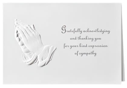 Praying hands acknowledgement card used in funeral service operations, from lynch supply