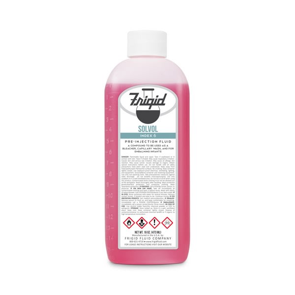Frigid solvol drainage pre-injection used in funeral service operations, from lynch supply 