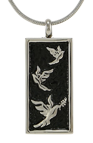 stainless steel pewter embossed dove cremation pendant pewter dimensional doves over a textured background
large compartment 