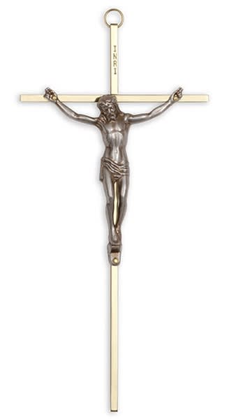 Crucifix-10" brass with antique silver corpus used in funeral service operations, from lynch supply 