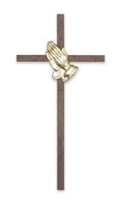 Crucifix-10" walnut with bright gold praying hands used in funeral service operations, from lynch supply 