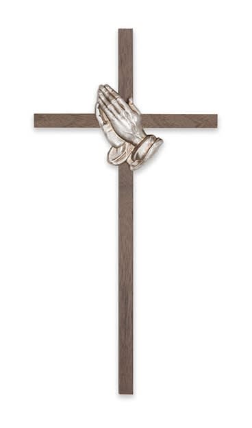 Crucifix-10" walnut with antique silver praying hands used in funeral service operations, from lynch supply 