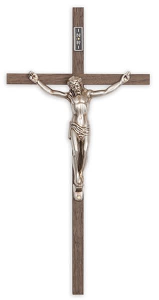 Crucifix-10" walnut with antique silver corpus used in funeral service operations, from lynch supply 