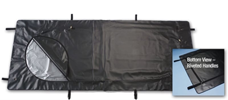 Extra heavy duty lined emergency pouch  with curved zipper used in funeral service operations, from lynch supply 