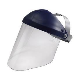 Faceshield with adjustable headgear used in funeral service operations, from lynch supply 