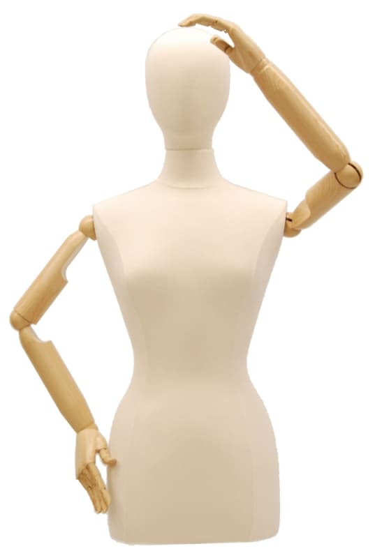 Female dress form mannequin with flexible arms and fingers designed for adjustable fashion display and garment presentation