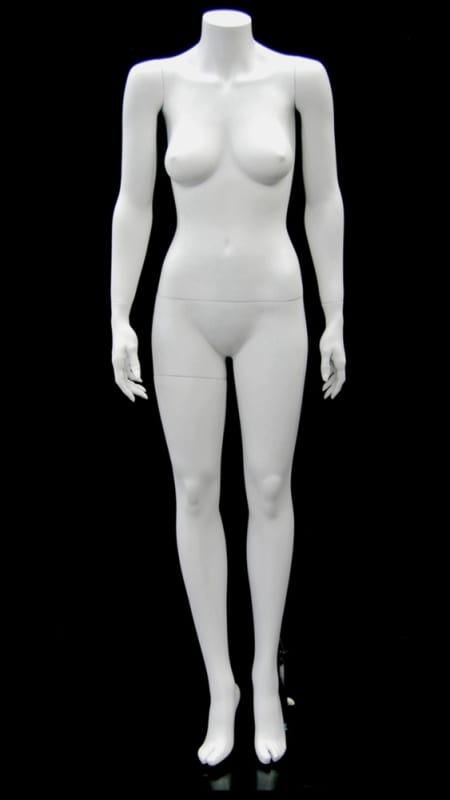 Matte white headless female fiberglass mannequin in a standing demure pose with a square glass base.